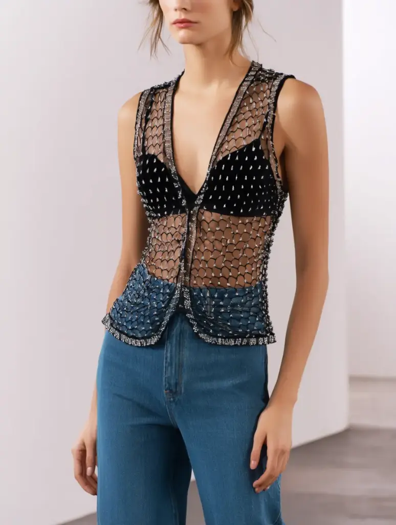 [V-TOP-003] Top Chaleco Vintage Tejido Red y Perlas