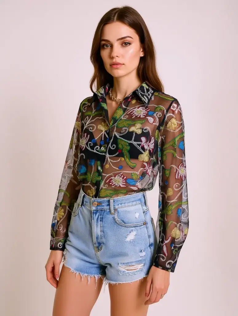 [V-BLU-002] Blusa Vintage Bordado Negro Semitransparente 90s