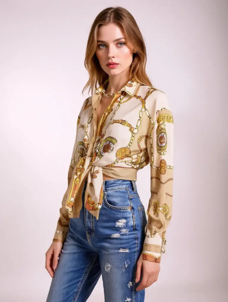 [V-BLU-004] Blusa Vintage Estampado Barroco 90s Made in Italy