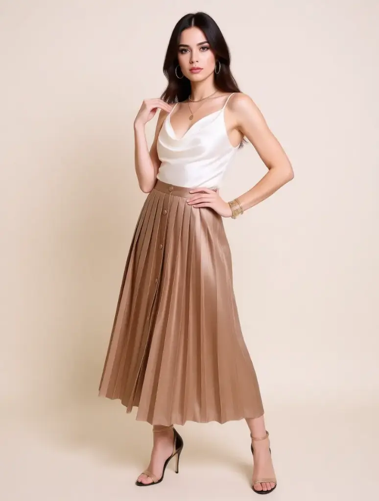 [V-FAL-005] Falda Plisada Vintage Satinada con Botones