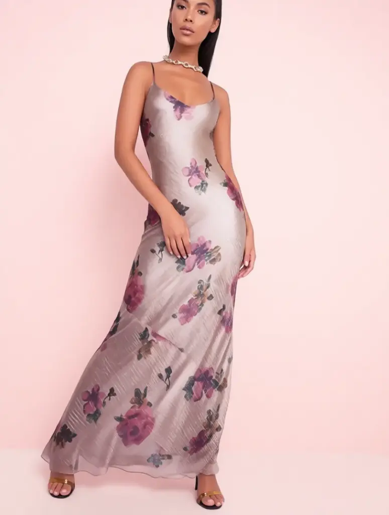 [V-VEST-004] Vestido Vintage Maxi Fiesta Satinado Lencero Rosas